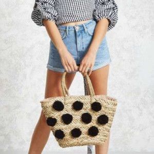 Woven Tote Bag with Black Pom Poms